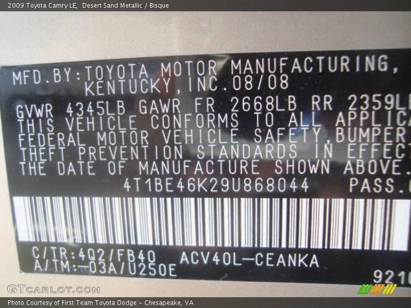 Desert Sand Metallic / Bisque 2009 Toyota Camry LE
