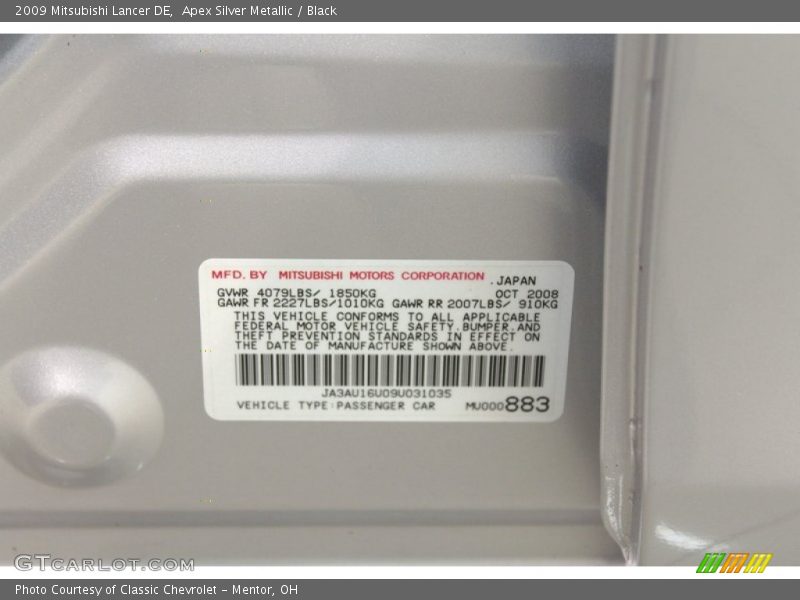 Apex Silver Metallic / Black 2009 Mitsubishi Lancer DE