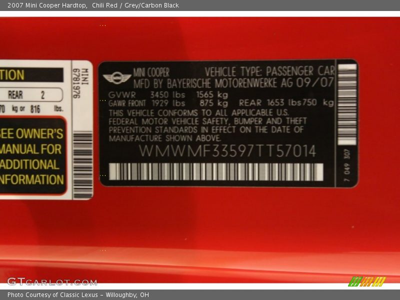 Chili Red / Grey/Carbon Black 2007 Mini Cooper Hardtop