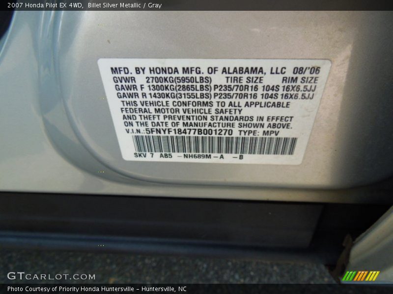 Billet Silver Metallic / Gray 2007 Honda Pilot EX 4WD