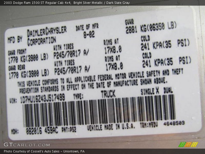 2003 Ram 1500 ST Regular Cab 4x4 Bright Silver Metallic Color Code PS2