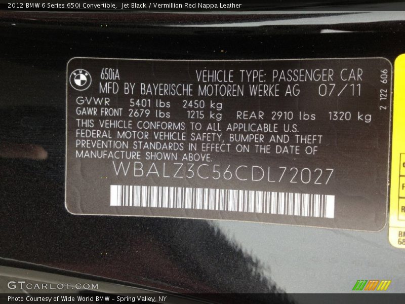 Info Tag of 2012 6 Series 650i Convertible
