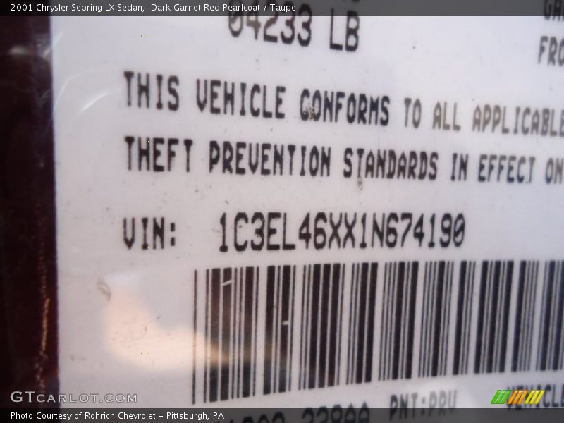 Dark Garnet Red Pearlcoat / Taupe 2001 Chrysler Sebring LX Sedan