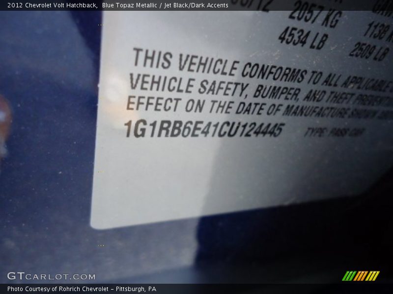 Blue Topaz Metallic / Jet Black/Dark Accents 2012 Chevrolet Volt Hatchback