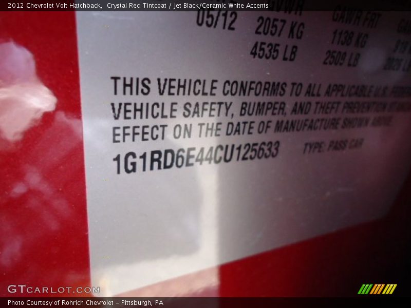 Crystal Red Tintcoat / Jet Black/Ceramic White Accents 2012 Chevrolet Volt Hatchback