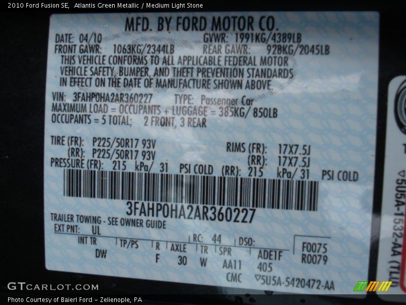 Atlantis Green Metallic / Medium Light Stone 2010 Ford Fusion SE