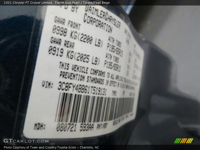 2001 PT Cruiser Limited Patriot Blue Pearl Color Code PB7