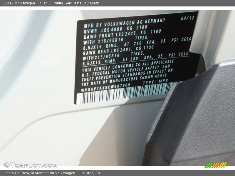 White Gold Metallic / Black 2012 Volkswagen Tiguan S