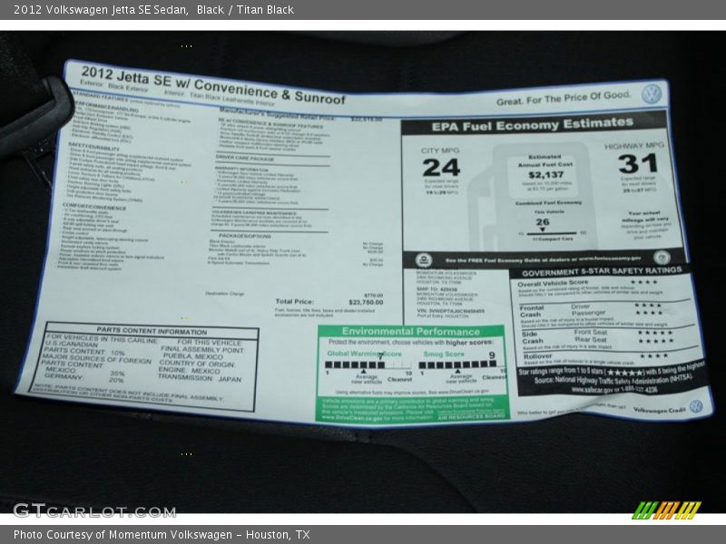 Black / Titan Black 2012 Volkswagen Jetta SE Sedan
