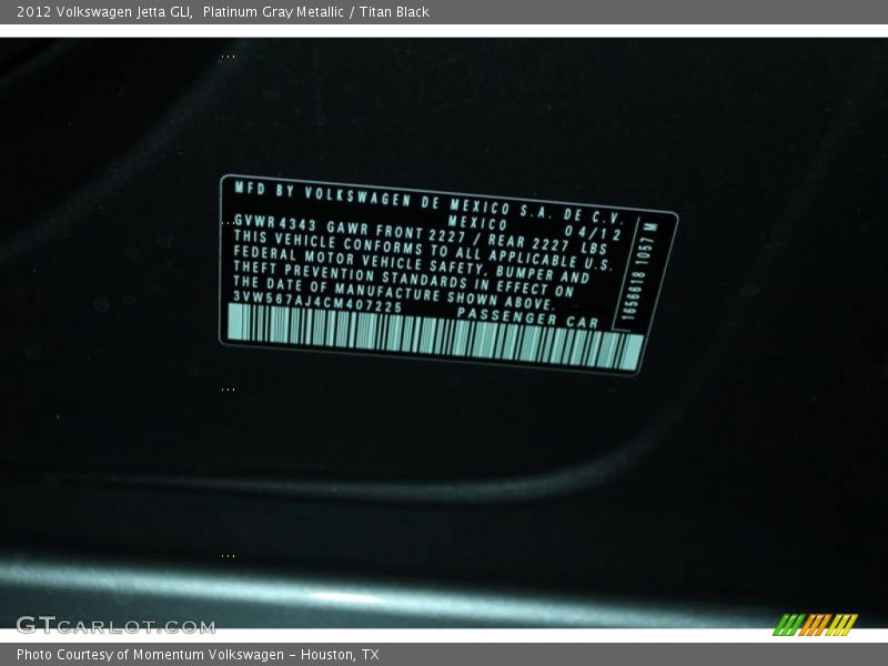 Platinum Gray Metallic / Titan Black 2012 Volkswagen Jetta GLI