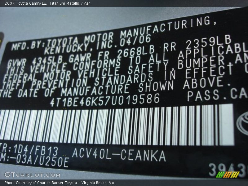 Titanium Metallic / Ash 2007 Toyota Camry LE