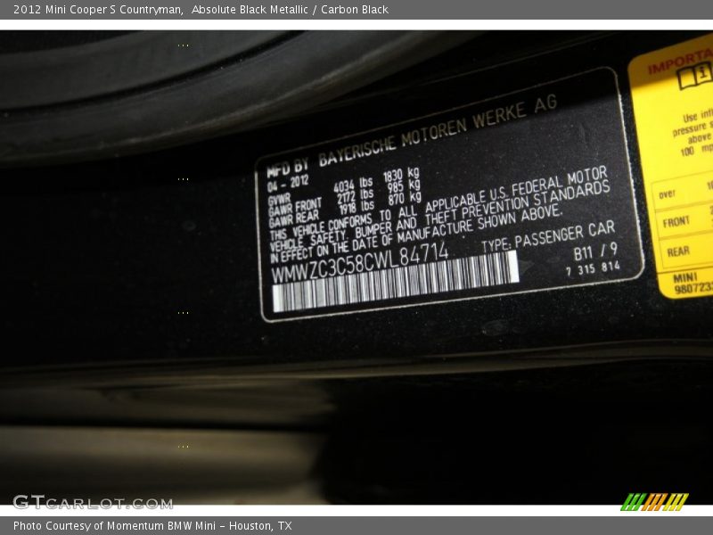 Absolute Black Metallic / Carbon Black 2012 Mini Cooper S Countryman
