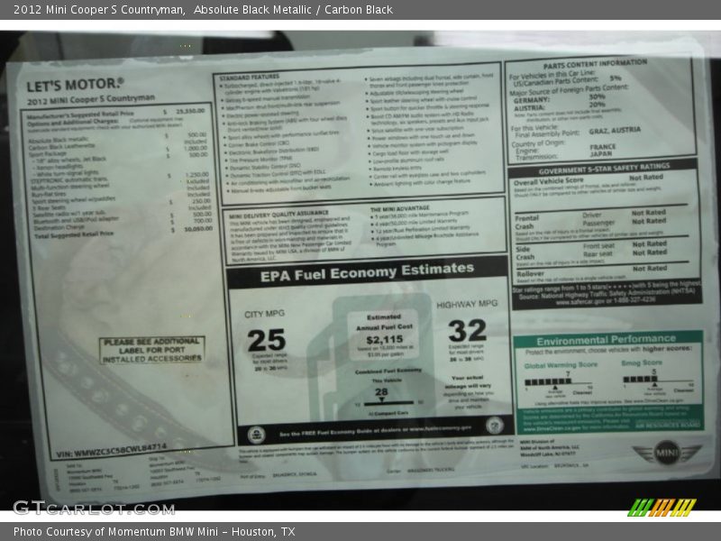 Absolute Black Metallic / Carbon Black 2012 Mini Cooper S Countryman