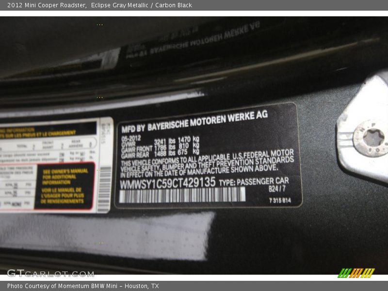 2012 Cooper Roadster Eclipse Gray Metallic Color Code B24