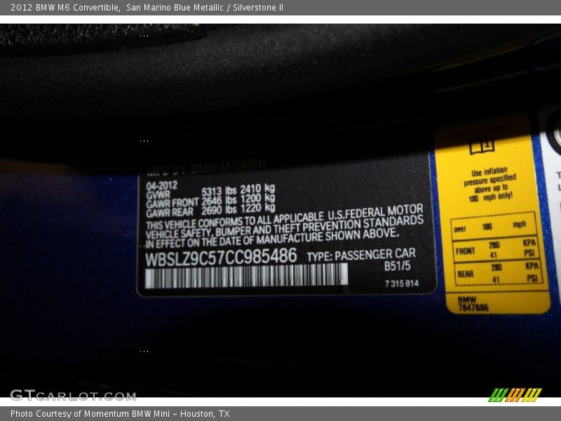 2012 M6 Convertible San Marino Blue Metallic Color Code B51