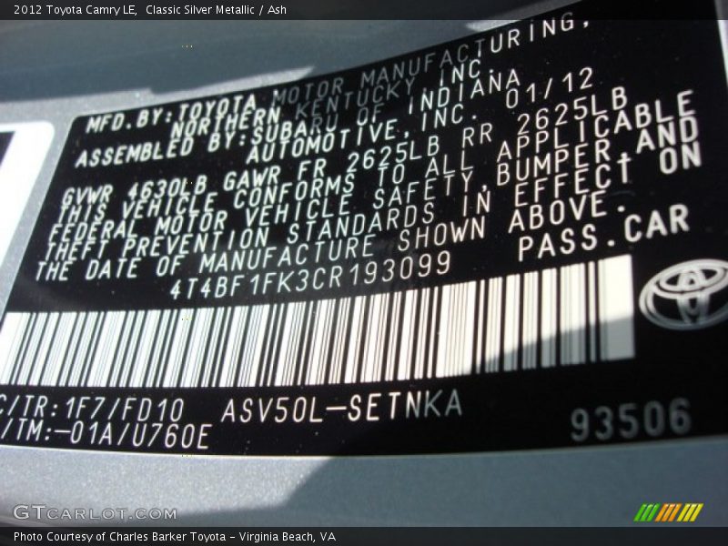 Classic Silver Metallic / Ash 2012 Toyota Camry LE