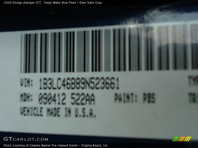 Deep Water Blue Pearl / Dark Slate Gray 2009 Dodge Avenger SXT