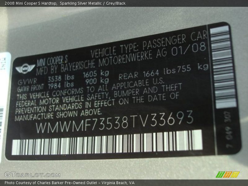 Sparkling Silver Metallic / Grey/Black 2008 Mini Cooper S Hardtop