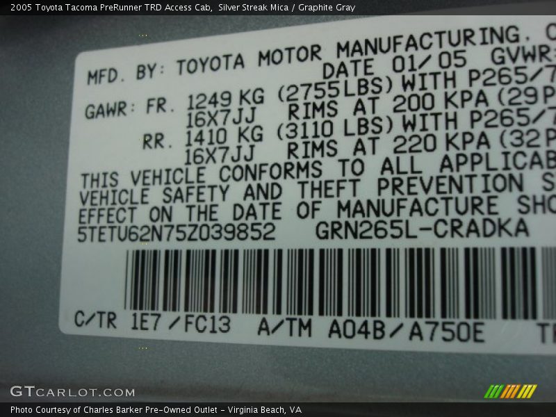 Silver Streak Mica / Graphite Gray 2005 Toyota Tacoma PreRunner TRD Access Cab