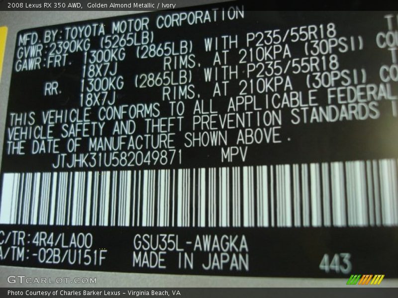 Golden Almond Metallic / Ivory 2008 Lexus RX 350 AWD