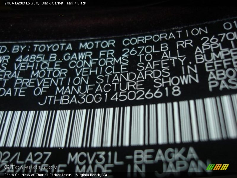 Black Garnet Pearl / Black 2004 Lexus ES 330