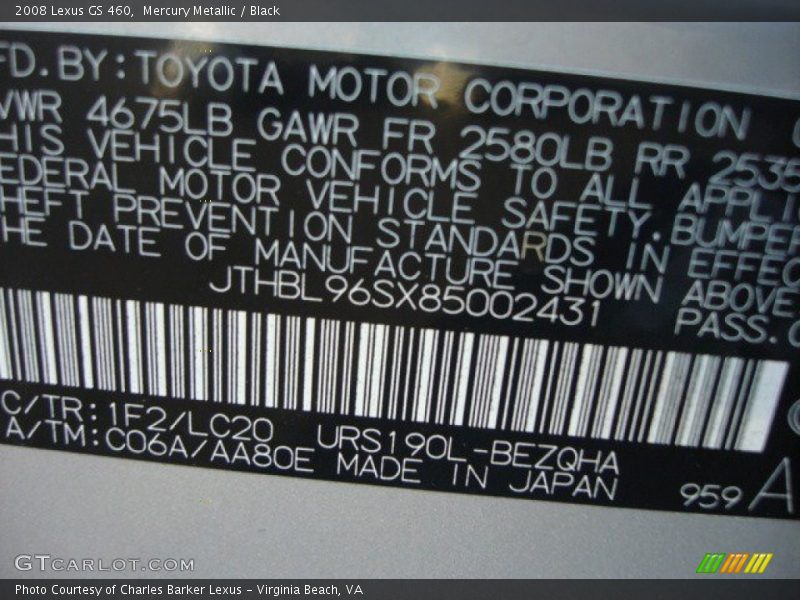 Mercury Metallic / Black 2008 Lexus GS 460
