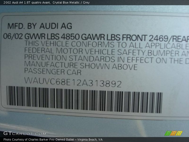 Crystal Blue Metallic / Grey 2002 Audi A4 1.8T quattro Avant