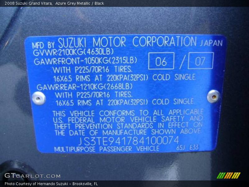 Azure Grey Metallic / Black 2008 Suzuki Grand Vitara