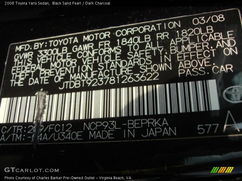 Black Sand Pearl / Dark Charcoal 2008 Toyota Yaris Sedan