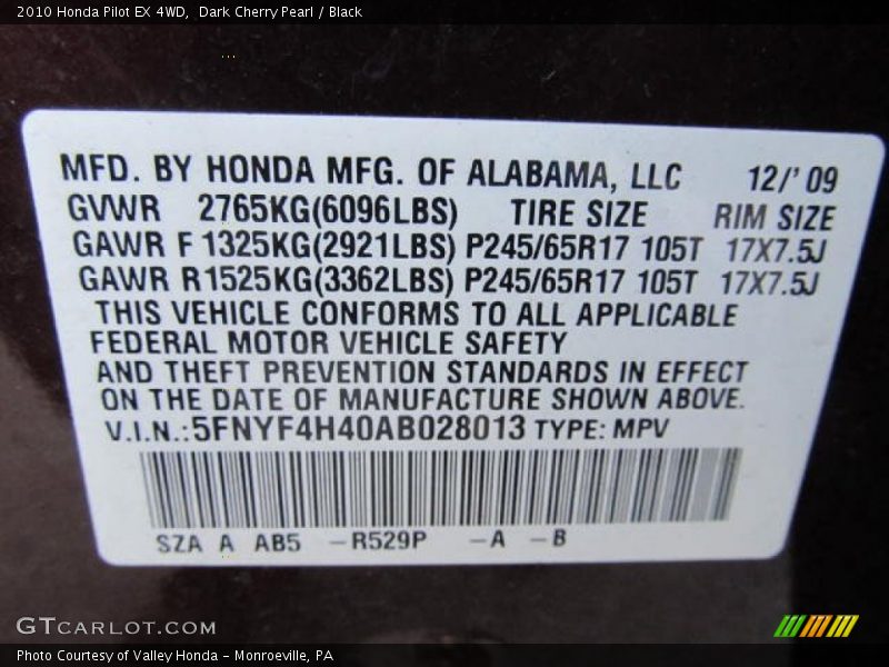 Dark Cherry Pearl / Black 2010 Honda Pilot EX 4WD