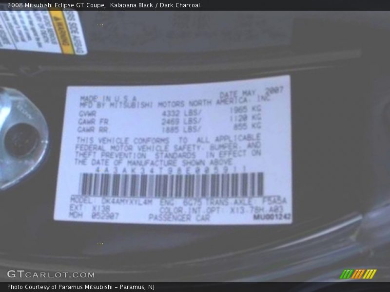Kalapana Black / Dark Charcoal 2008 Mitsubishi Eclipse GT Coupe