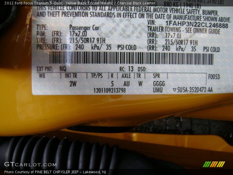2012 Focus Titanium 5-Door Yellow Blaze Tricoat Metallic Color Code NQ