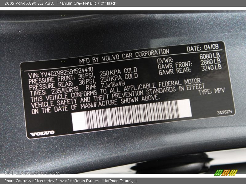 Titanium Grey Metallic / Off Black 2009 Volvo XC90 3.2 AWD