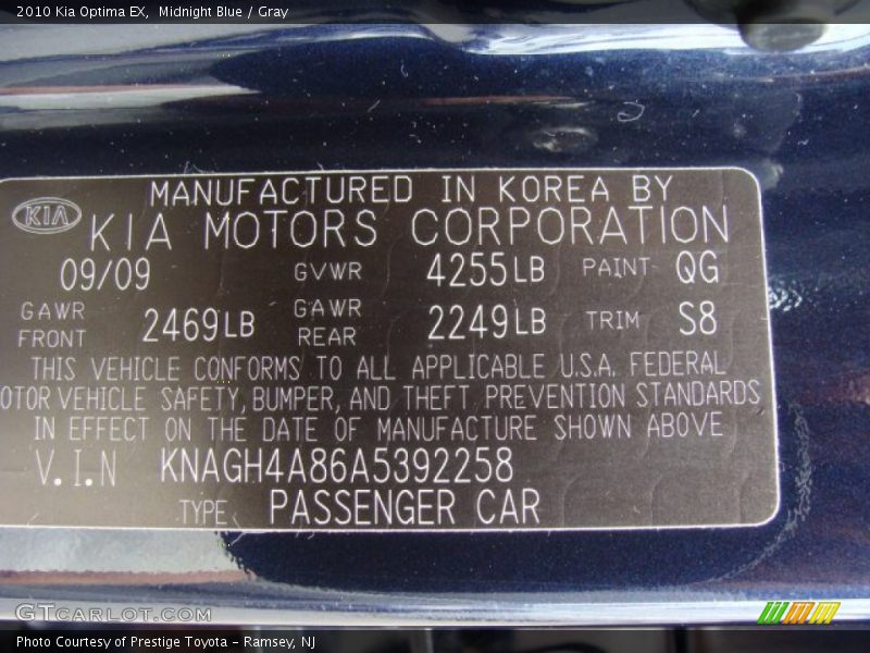 2010 Optima EX Midnight Blue Color Code QG