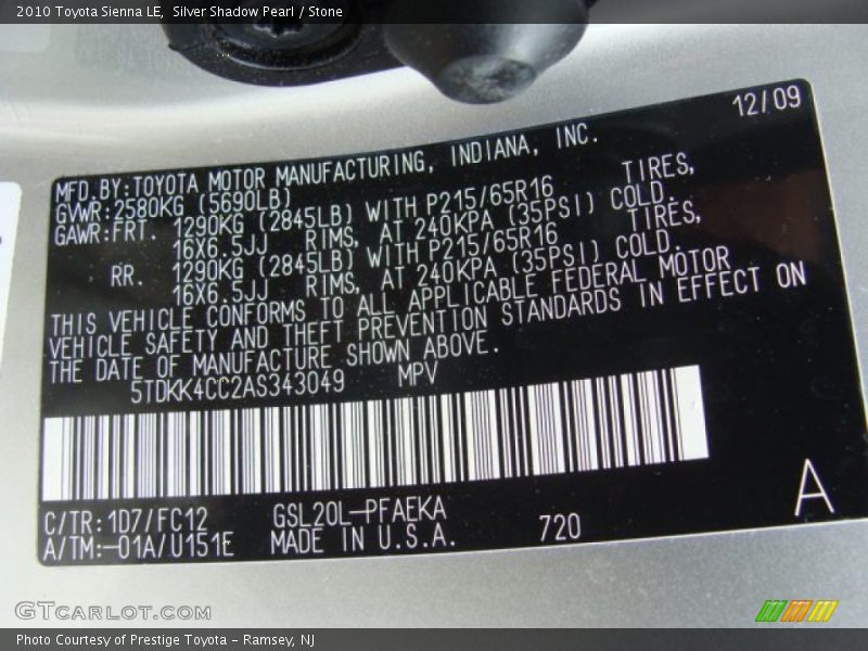 Silver Shadow Pearl / Stone 2010 Toyota Sienna LE