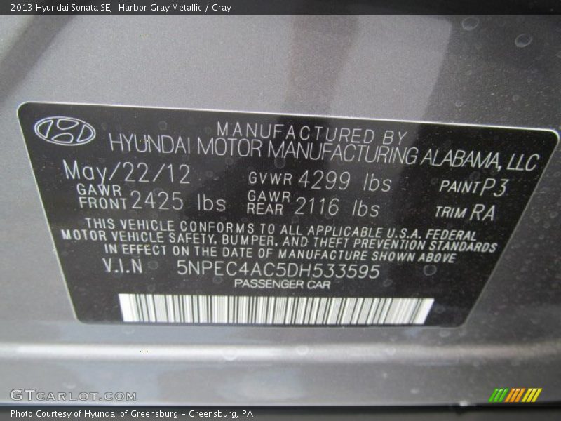 Harbor Gray Metallic / Gray 2013 Hyundai Sonata SE
