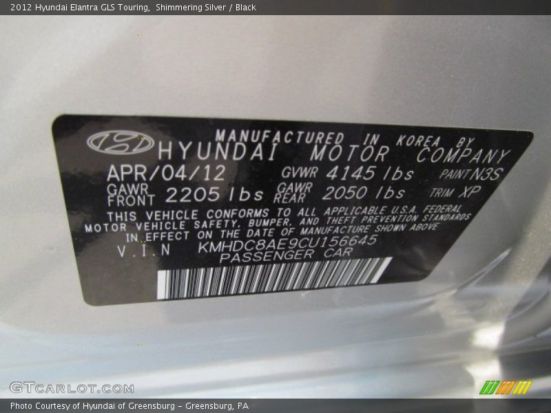 Shimmering Silver / Black 2012 Hyundai Elantra GLS Touring