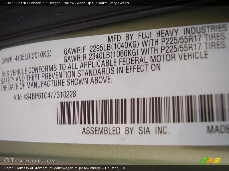 Willow Green Opal / Warm Ivory Tweed 2007 Subaru Outback 2.5i Wagon