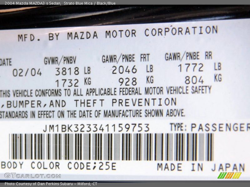 2004 MAZDA3 s Sedan Strato Blue Mica Color Code 25E