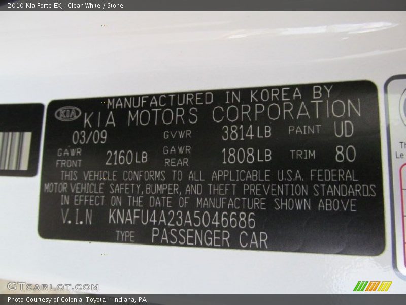 Clear White / Stone 2010 Kia Forte EX