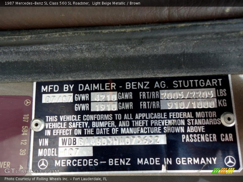 Info Tag of 1987 SL Class 560 SL Roadster