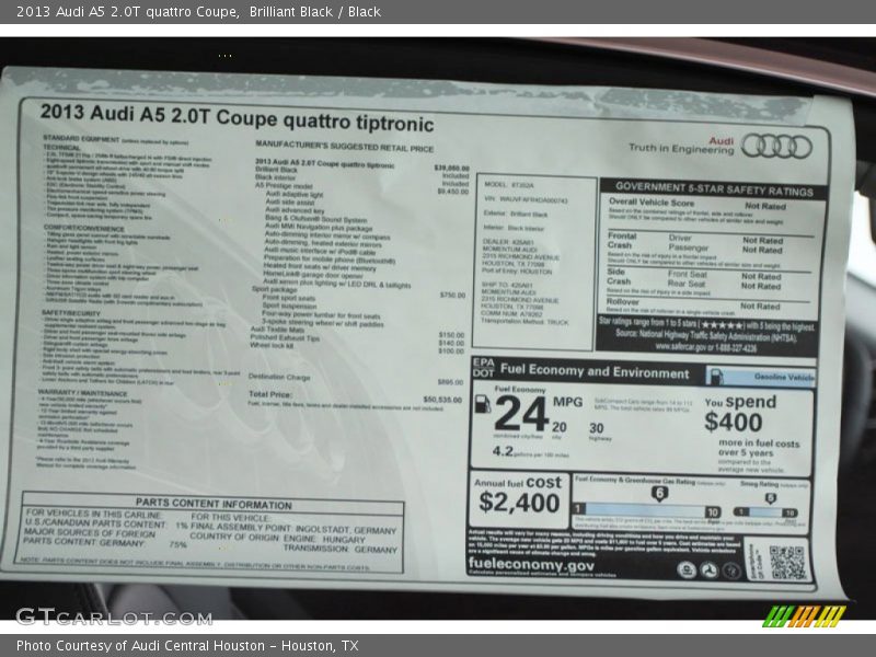  2013 A5 2.0T quattro Coupe Window Sticker