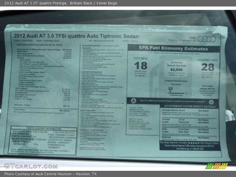 Brilliant Black / Velvet Beige 2012 Audi A7 3.0T quattro Prestige