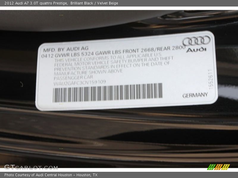 Brilliant Black / Velvet Beige 2012 Audi A7 3.0T quattro Prestige