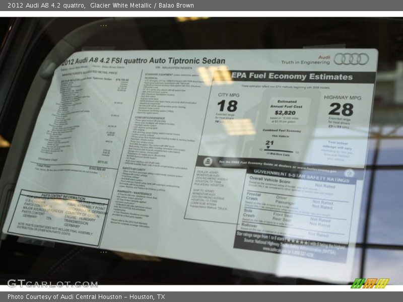  2012 A8 4.2 quattro Window Sticker