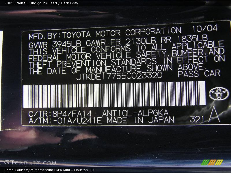 Indigo Ink Pearl / Dark Gray 2005 Scion tC