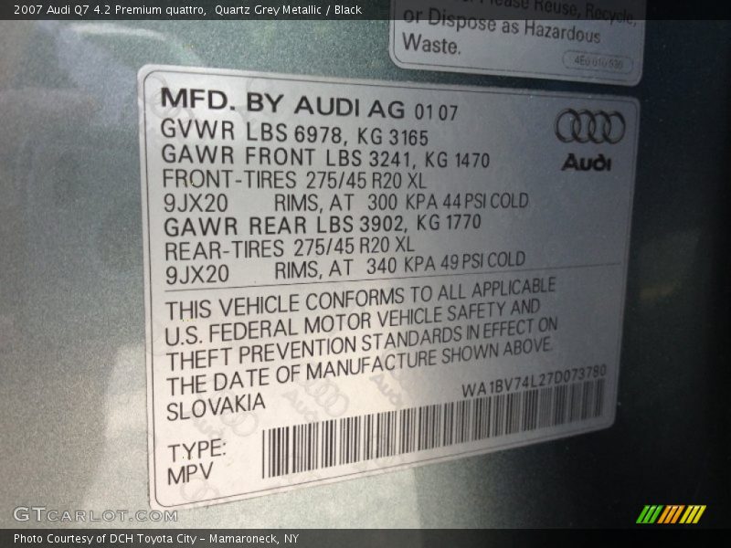 Quartz Grey Metallic / Black 2007 Audi Q7 4.2 Premium quattro