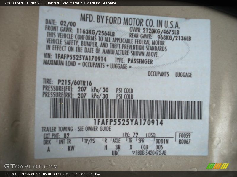 2000 Taurus SES Harvest Gold Metallic Color Code B2