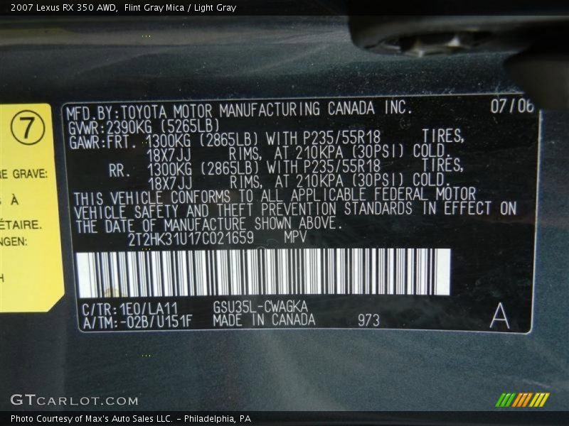 Flint Gray Mica / Light Gray 2007 Lexus RX 350 AWD