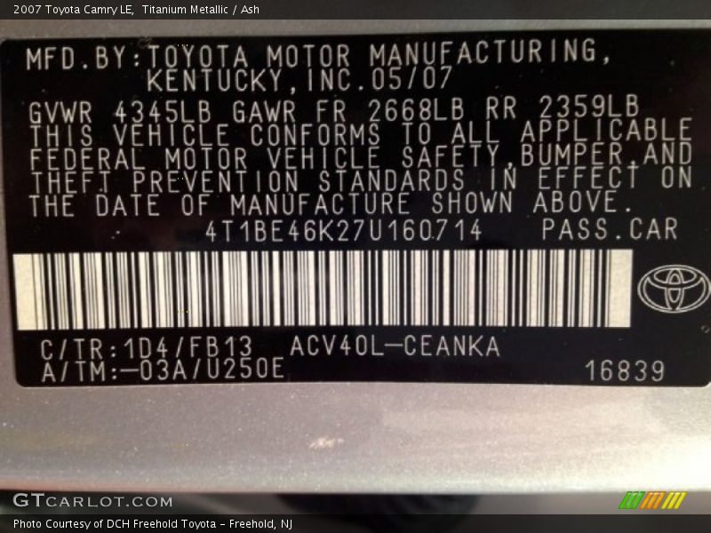Titanium Metallic / Ash 2007 Toyota Camry LE